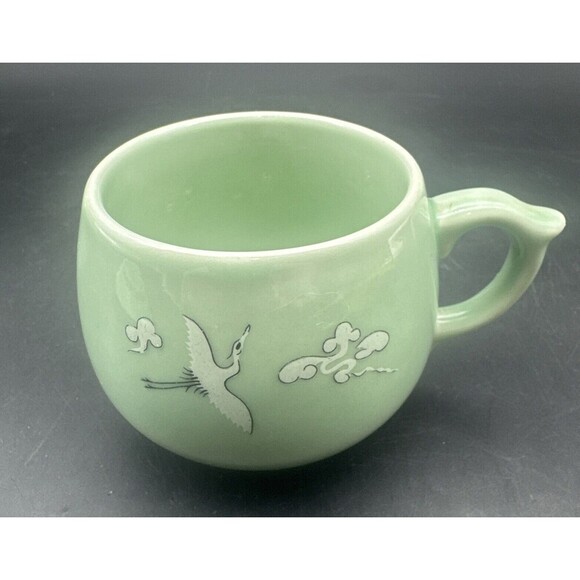 VTG Korean Celadon Soft Green Glaze Flying Crane Tea Cup Set Service For 2 - Picture 7 of 16